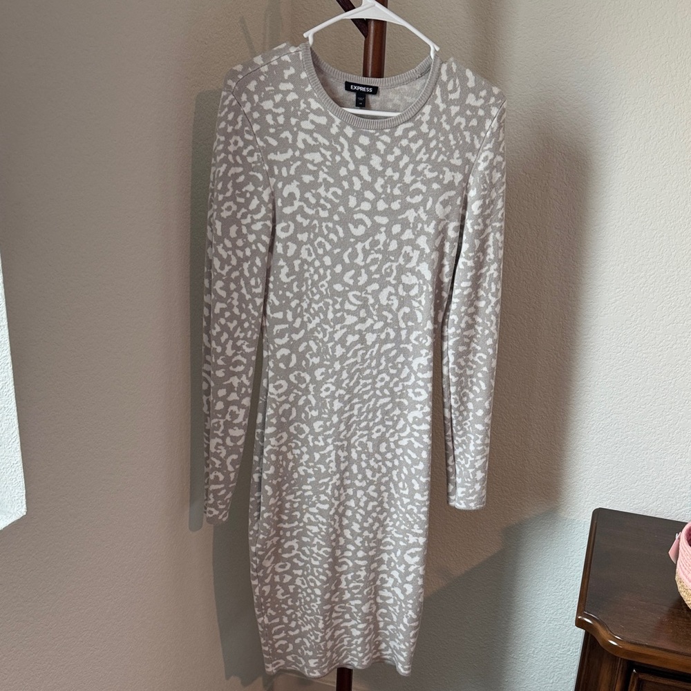 Express Cream Animal Print Long Sleeve Dress
